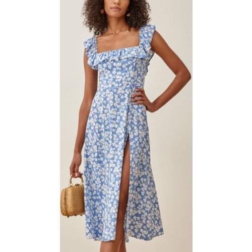 Women Beach Floral Print Split Dress Summer Ruffles Square Collar Chic Midi Dresses 2021 Sleeveless A Line Party Dress A250