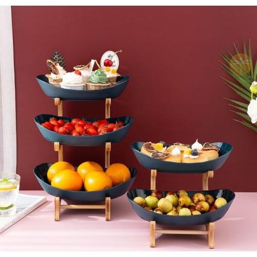 2/3 Tiers Fruit Plate with Wood Holder Snacks Candy Serving Plate Bowl Kitchen Organizer Rack Party Food Serving Display Tray
