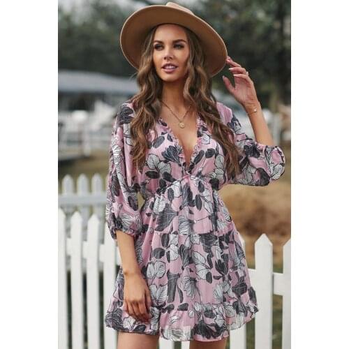 2021 spring new floral print V-neck dress Butterfly Sleeve Chiffon Skirt