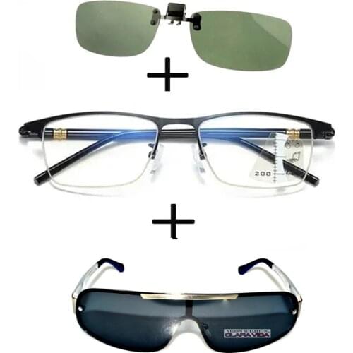 3Pcs!!! Progressive Far and Near Business Reading Glasses for Men Women + Polarized Sunglasses Alloy Sports + Sunglasses Clip