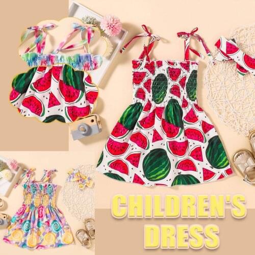 #45 0-3y Toddler Girl Dresses Summer Girl Dress Watermelon Sunflower Print Princess Tie-dye Suspender Dress Vestidos Niña Verano