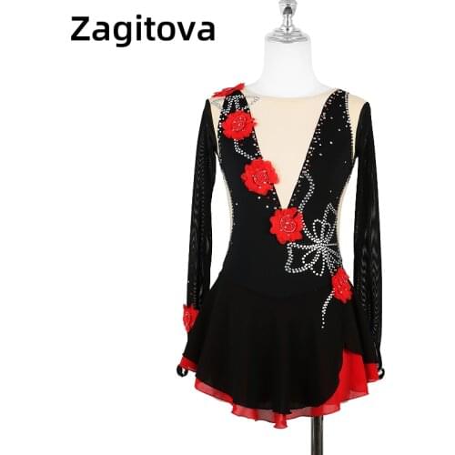 Black Figure Skating Dress Deep v-neck Ice Figure Skating Skirt Beautiful Skating Skirt Red Flower Girl/Woman With Rhinestones