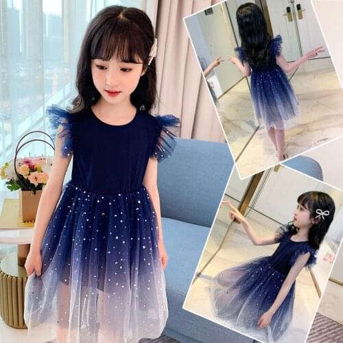 Childrens Korean style summer dress girls mesh sequined princess dress kids flying sleeves toddler fashion trendy clothing