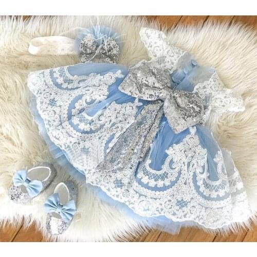 Baby Girls First Birthday Dress Pink/Sky Blue Lace Knee Length Little Princess Christmas Dress Party Gown With Sequined Bow