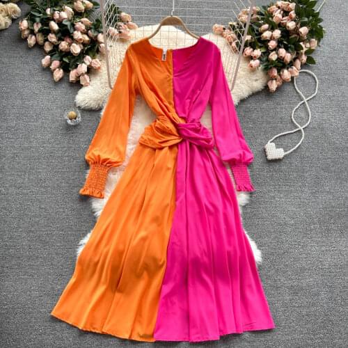 Europe Style 2021 Spring Autumn Elegant Women V Neck Long Sleeve Two-tone Dress Female Vacation Party Dresses Vestido
