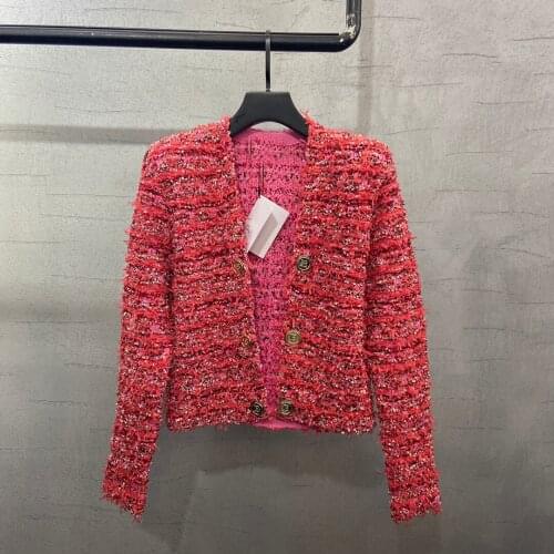 2021FW Autumn Luxury Women Red Tweed Sweater Coat Female High Qualtiy New Cardigans Gdnz 7.25