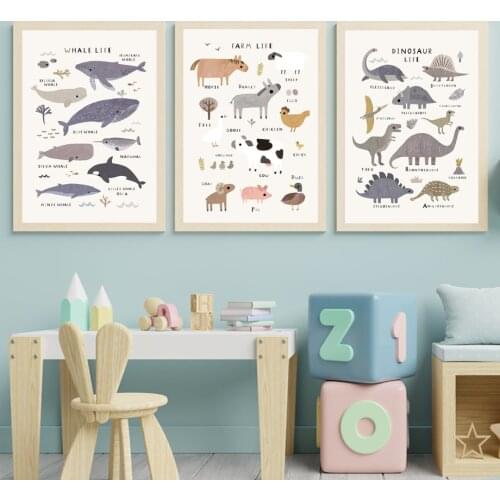 Whale Dinosaur Farm Life Nordic Posters And Prints Animal Alphabet Number Art Canvas Painting Wall Pictures For Kids Room Decor