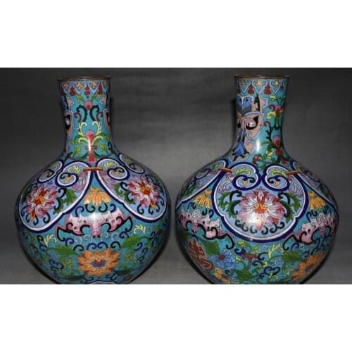10" Collect China Cloisonne Enamel Bronze Bat Bats Flower Vase Bottle Vases Pair
