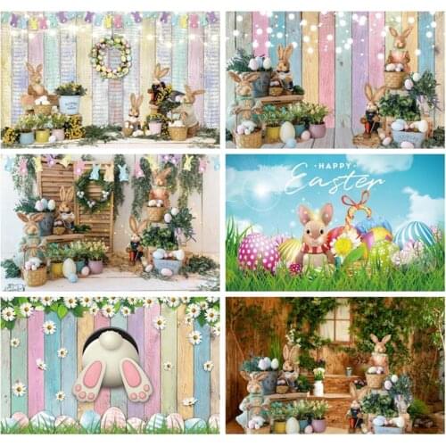 Laeacco Easter Photography Backgrounds Wooden Board Wall Green Grass Flowers Easter Eggs Children Portrait Photo Backdrops Props