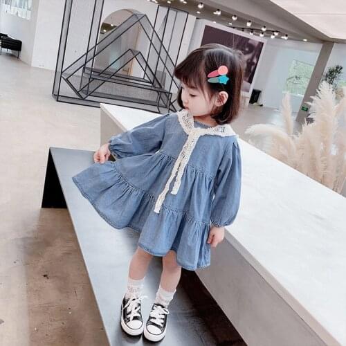LISUNNY 2021 Summer Girls Dress Casual Style Children Beach Dress Lace Shawl Denim Princess Dress Kids Vacation Clothing