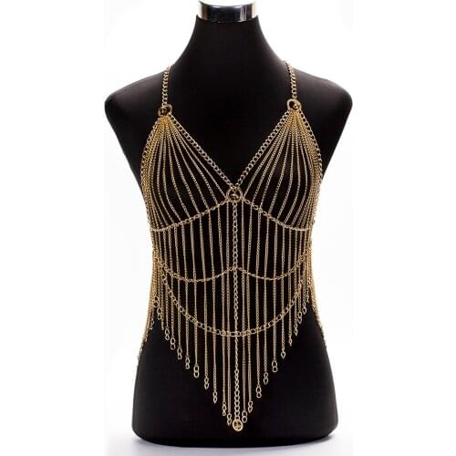 Layered Summer Aluminum Yellow Glass Crystal Cupless Long Tassel Sexy Body Jewelry for Women Fashion Wearing