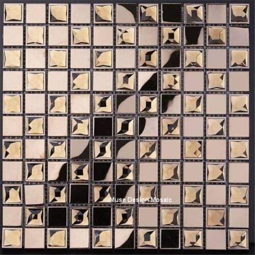 3D Rose Gold Metal mixed Diamond Mirror Glass Mosaic Tiles, for kitchen backsplash bathroom Cabinet Wall decoration