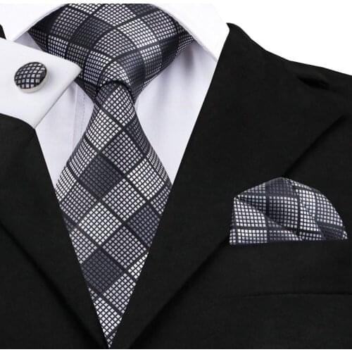 Mens Tie Fashion Black White Plaid Silk Fabric Necktie Hanky Cufflink Set Sell Like Hot Cakes Men Business Ties For Men C-1017