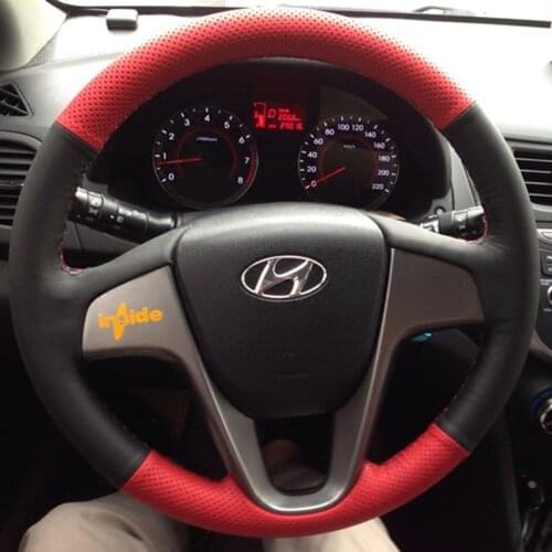 Customize Car Steering Wheel Cover Black Red Drilled Hole Leather for Hyundai Celesta Elantra Verna Mistra Tucson iX25 2010-2019