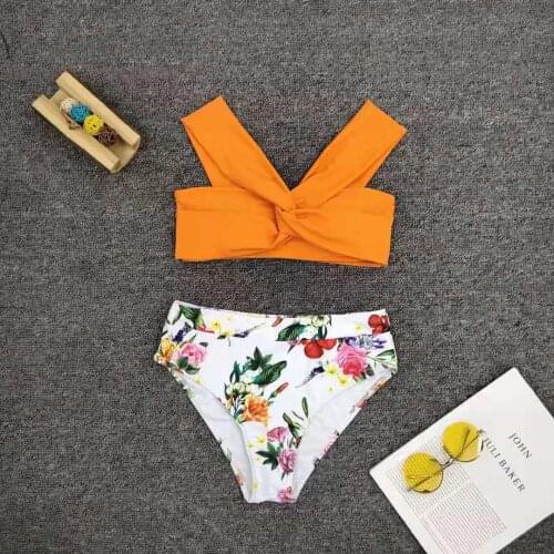 Sexy Floral Print Bikini High Neck Neon Orange Push Up Bra Two Piece Swimsuit Brazilian Beach Bathing Suit High Waist Swimwear
