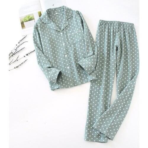 Autumn Ladies Pajamas Winter Polka Dot Print Pajamas Set Cotton Crepe Sleepwear Femme Top+Full Length Pants Women Homewear