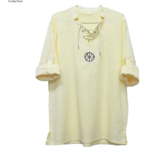 2021 Linen Cotton Shirt Long Sleeves Medieval Viking Pirate Halloween Costume Men Holiday V Neck Tops Lace Up For Adult