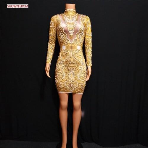 Sexy Gold Rhinestones Bodysuit Fashion Women Shining Dance Wear Costumes Stage Clothing Party Birthday Leotard Wear
