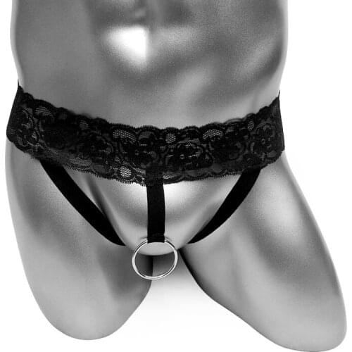 Sexy Lingrie Lace Sissy Panties Thong With Cock Ring Mens Jock Strap G Strings Underwear Black Crotchless Bikini For Male
