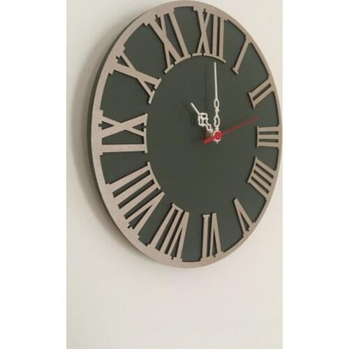 North Designed Mildew Green Silver Roman Decorative Wall Clock 30 Cm