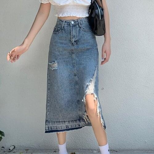 Retro Holes High Waist Jean Skirts Hollow Out Blue Denim Skirts Midi Punk Style E-girl Outfits Large Size Skirt Women Clothing