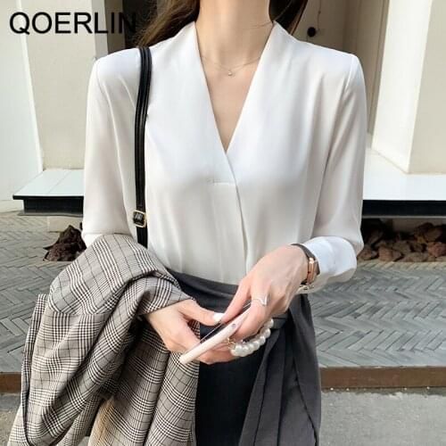 QOERLIN Formal White Chiffon Blouse Women Long Sleeve V Neck Fashion Simple Tops All Match Shirts Female Office Ladies Workwear