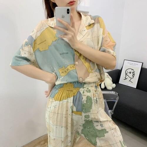 Maps Printed Womens Pajamas Loose Plus Size Home Suit Casual Comfort Short-sleeved Full Length Pants Pajama Sets Home Clothes