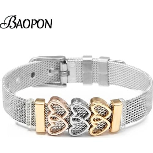 Rose Gold Heart To Heart Beads Mesh Bracelets Bangles For Women Stainless Steel Charm Bracelets Couple Lover Jewelry Gift