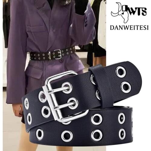 [DWTS] Leather belts for women belt female Punk Chain Fashion Belt Adjustable Row Hole Eyelet Waistband Chain Decorative punk