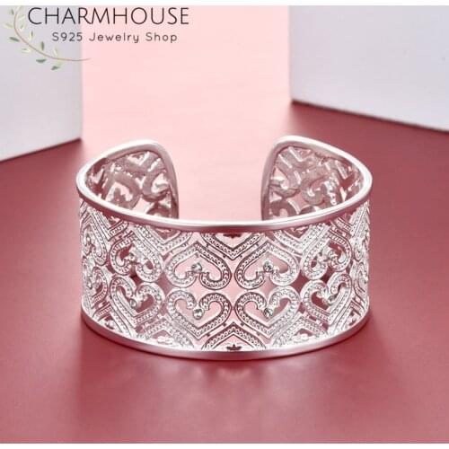 Pure Silver 925 Bangles For Women Zirconia Heart Wide Cuff Bangle & Bracelet Wristband Pulseira Femme Statement Jewelry Bijoux
