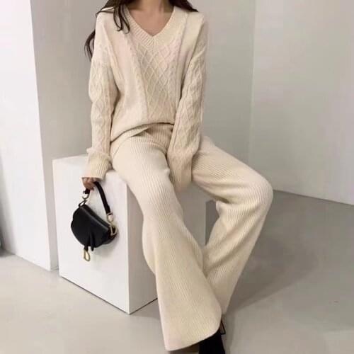 2021 Autumn Knitted 2 pieces sets Women Loose V-neck Pullover and Wide Pants Female Fashion Winter Europe Elastic Tracksuit