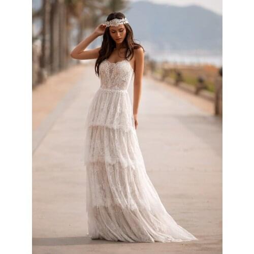 Boho Wedding Dress Lace 2021 Sweetheart Floor Length Bohemian Elegant Robe De Mariee 3 Layers Rustic Vintage Sleevelss Backless