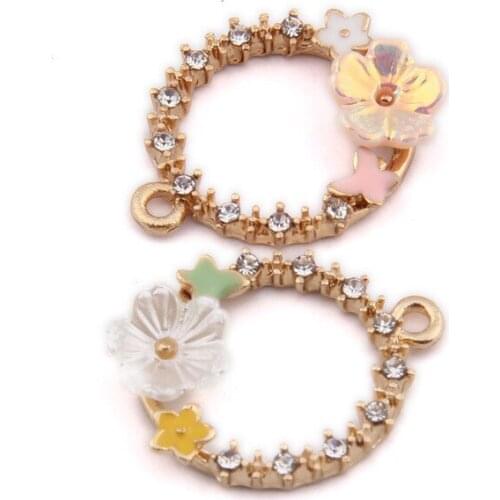 Free Shipping 10pcs Rhinestone Acrylic Flower Decorated Round Circle Necklace Pendant Fashion Earring Floating Charms 22*18mm