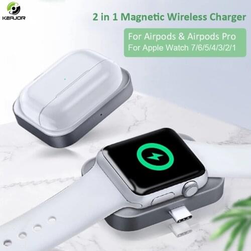 Portable 2 in 1 Magnetic Wireless Charger For Apple Watch 6/5/4/3/2/1 USB-C Fast Charging Dock Station For Airpods Pro Charger