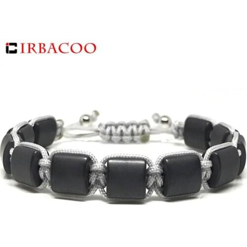 IRBACOO 2020 New Fashion Men Bracelet Matte Flat Square Hematite Stone Beads With Grey Nylon Cord For Men Macrame Bracelets
