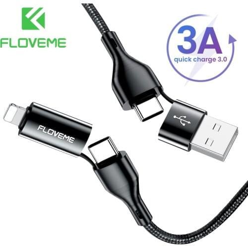 FLOVEME 4in1 Cable 3A Fast Charging USB Cable For iPhone12 11 USB Type C Cable For Xiaomi Samsung Phone Accessories Charger Cord