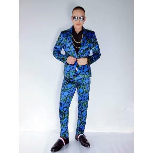Fashion Korean Version Mens Suits Set Blue Zebra Printed Male Skinny Blazer Trousers Costume Performance Printing Suits