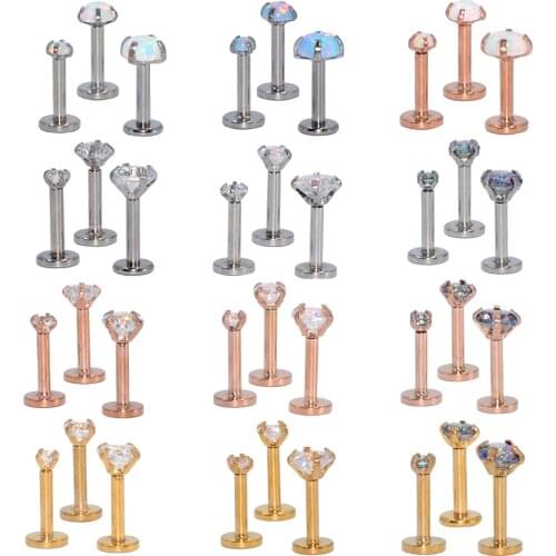3PCS Mix Size Internally Threaded Prong Round Opal Zircon Labret Stud Ear Tragus Cartilage Earring Lip Ring Piercing Jewelry