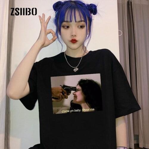Come on Baby Shoot Me summer loose vintage casual women Harajuku print tees letters dark large size punk fun gothic ins t-shirt