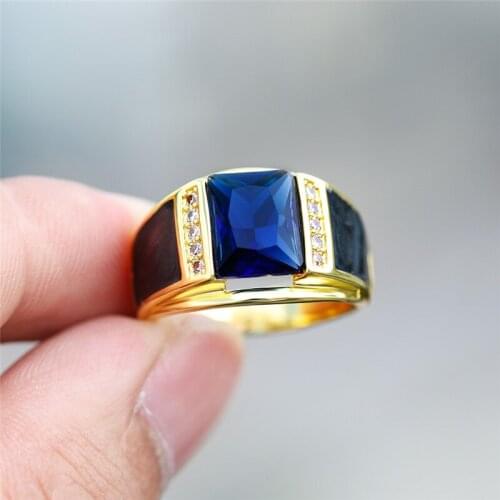 Vintage Black Stone Blue Zircon Yellow Gold Rings For Men Fashion Wedding Jewelry Male Luxury Engagement Ring Geometric Jewelry