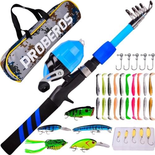 38PCS Fishing Rod Reel Kit Combos Carbon Fiber Telescopic Pole Reel with Line Soft Lures Spoon Minnow for Sea Saltwater for Kids