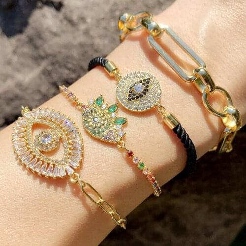 New Arrival Party Jewelry Exquisite Trendy Turkish Gold Evil Eye Pave CZ Blue Adjustable Female Gold Charms Chain Bracelet 2021