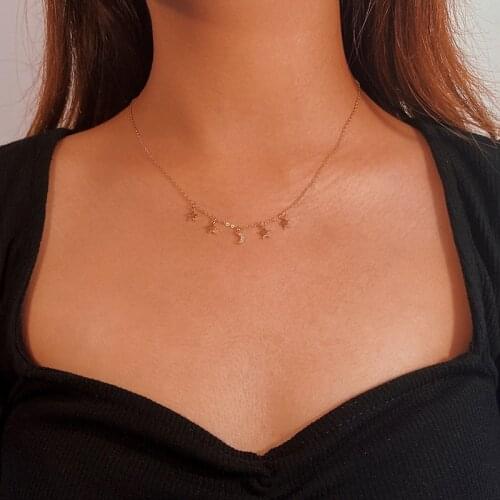 100% Authentic 925 Sterling silver cz Moon Star Pendant Statement station choker Necklace 45CM C-A1375