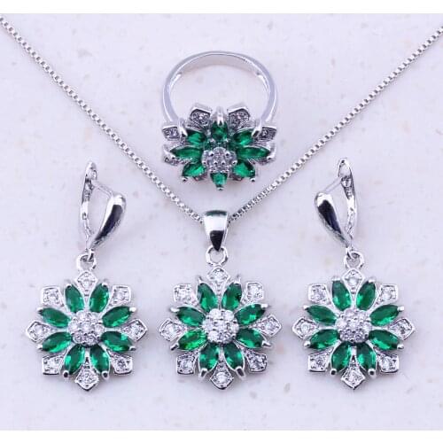Lovely Green Imitation Emerald & White Zircon 925 Sterling Flower Jewelry Sets For Women Party Fashion Jewelry J0070