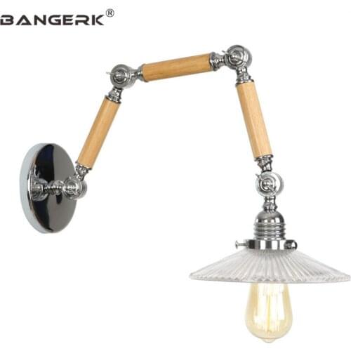 Retro Loft Style Adjust LED Wall Lamp Edison Wood Glass Industrial Long Arm Sconce Wall Lights Bedside Home Decor Lighting