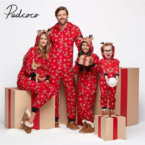 Family Christmas Pajamas Matching Rompers Adult Men Women Kids Baby Christmas Printed Deer Hoodies Pyjamas Nightwear S-XL 3M-5T