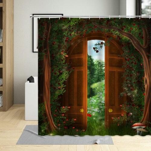 Fantasy Fairy Tale World Shower Curtain Vine Door Green Forest Mushroom Animal Bathroom Decor Polyester Bath Curtains With Hooks