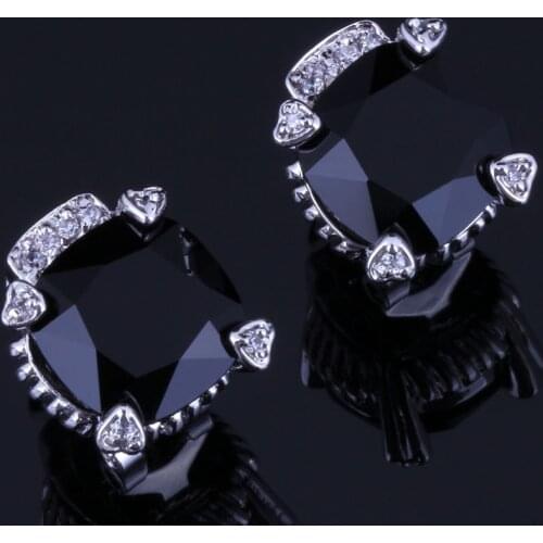 Splendid Square Black Cubic Zirconia White CZ Silver Plated Clip Hoop Huggie Earrings V0904