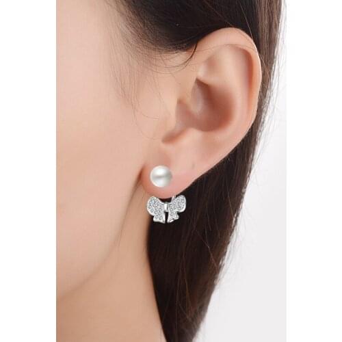 High Quality 925 Sterling Silver Crystal Bowknot Stud Earrings For Women Pearl Earring Jewelry Lady Gifts Pendientes Plata