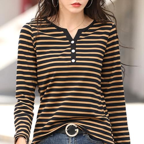Button Striped V Neck T Shirt Women Long Sleeve Top Autumn Tshirts Plus Size Womens Clothing Cotton Tee Shirt Female Camisetas
